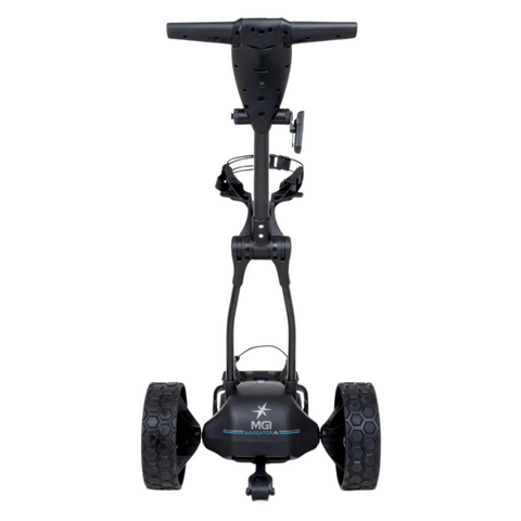 Back view of the MGI Ai Navigator GPS+ Motorised Golf Trundler, black colour, showcasing its wide, rugged rear wheels and sturdy frame.