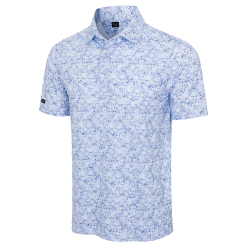 Front view of men's Greg Norman ML75 Adventure Stretch Polo, light blue with subtle mist-like pattern, moisture-wicking stretch fabric, short sleeves, three-button placket.