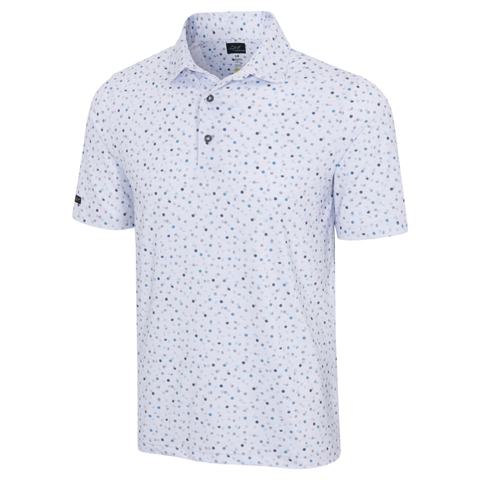 Men's Greg Norman golf polo, white with scattered navy and light blue chip pattern, moisture-wicking fabric, three-button placket, short sleeves.