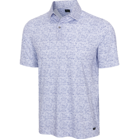 Men's Greg Norman golf polo, white with navy graffiti-like stripe pattern, lightweight mesh fabric, short sleeves, three-button placket.