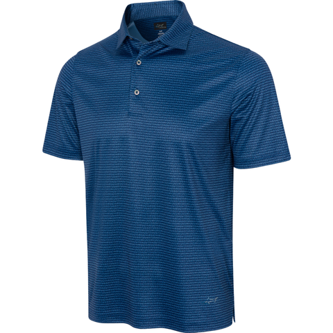 Men's Greg Norman golf polo, navy with subtle fin stripe pattern, recycled performance fabric, short sleeves, three-button placket.