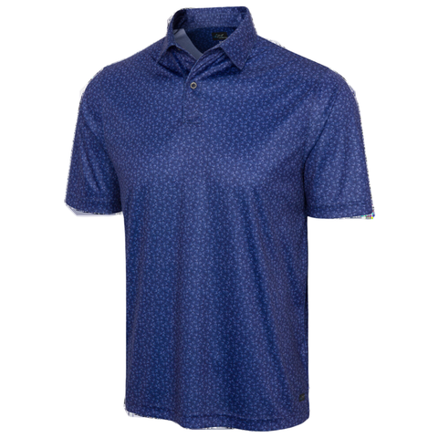 Men's Greg Norman golf polo, deep sea blue, subtle shark fin pattern, lightweight fabric, three-button placket, short sleeves.