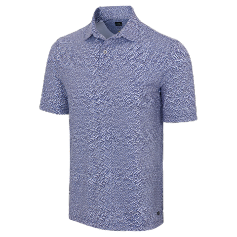 Men's Greg Norman golf polo, inky blue shark tooth pattern, lightweight fabric, three-button placket, short sleeves.