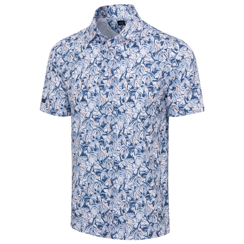 Men's Greg Norman golf polo, light blue tropical print, moisture-wicking performance fabric, short sleeves, three-button placket.