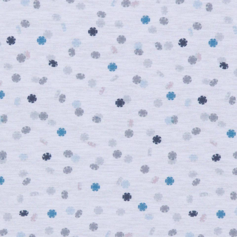 Close-up of fabric on Greg Norman ML75 Dancing Chips Polo, scattered dots in blue, grey, and navy on a white background.