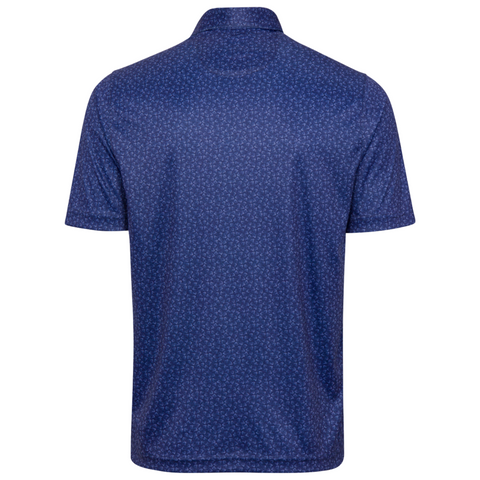 Back view of men's Greg Norman Shark Fin golf polo, deep sea blue with subtle shark fin pattern, lightweight fabric.