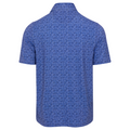 Back view of men's Greg Norman ML75 Stream Polo, ridge blue with subtle wave-like pattern, moisture-wicking performance fabric, short sleeves.