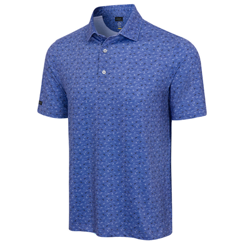 Front view of men's Greg Norman ML75 Stream Polo, ridge blue with subtle wave-like pattern, moisture-wicking performance fabric, short sleeves, three-button placket.