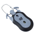 The Masters 2 n 1 Scorer by Masters is a compact black and gray tool with two slots and prongs for cleaning grooves, attached to a metal ball chain keychain.