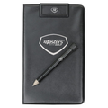 The Masters Deluxe Score Card Holder by Masters is a durable black golf accessory with a white logo and includes a short black pencil placed diagonally across the front.