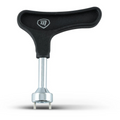 The Masters Deluxe Spike Wrench by Masters is a black, T-shaped golf shoe spike wrench with a metal socket and two prongs for easy cleat removal, shown on a white background.
