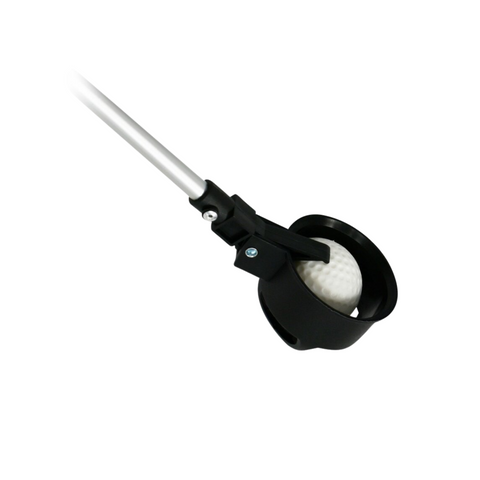 The Masters 4.5m Golf Ball Retriever by Masters features a compact design with a black cup-shaped head for holding a white golf ball, attached to a silver extendable pole for extended reach, shown isolated on a white background.