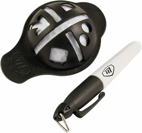 Masters ball align M up tool with a golf ball inside it and the black marker pen beside it 