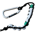 The Masters Golf Bead Stroke Counter by Masters features a silver carabiner and a black cord strung with mostly white and two green golf ball-style beads—an easy tool for keeping your golf score.