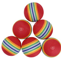 Six Masters Golf Foam Balls by Masters, featuring red color with rainbow stripes, are arranged in a pyramid on a white background—ideal for indoor golf practice or backyard chipping.
