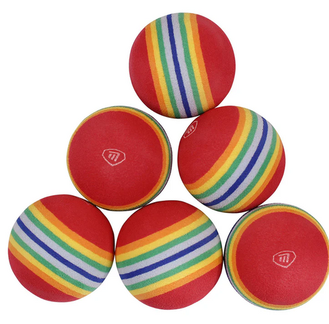 Six Masters Golf Foam Balls by Masters, featuring red color with rainbow stripes, are arranged in a pyramid on a white background—ideal for indoor golf practice or backyard chipping.