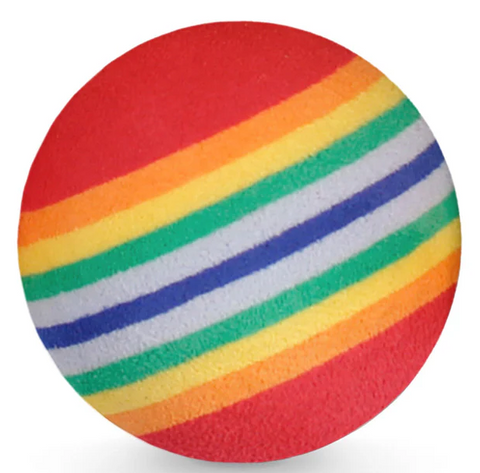 The Masters Golf Foam Balls by Masters feature diagonal rainbow stripes in red, orange, yellow, green, blue, and white—ideal for backyard chipping or indoor golf practice.