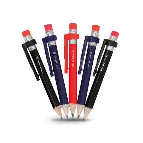 Five Masters Gof automatic mechanical pencils arranged in a fan shape on a white background. The pencils come in black, blue, and red colorways, each with a matching eraser and the Masters Gof logo printed on the barrel.