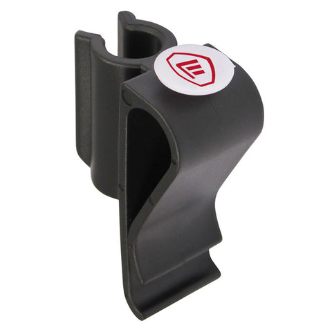 The Masters Putter Clip and Ball Marker by Masters is a black plastic clip with a curved design, open slot, and white circular sticker with red shield logo—an ideal golf bag accessory for convenience on the course.