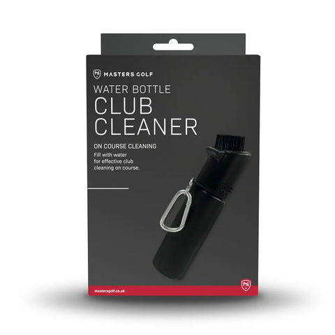 The Masters Water Bottle Club Cleaner by Masters comes in black packaging and includes a black club cleaner with brush and silver carabiner, ideal for convenient on-course golf club cleaning.