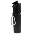 The Masters Water Bottle Club Cleaner by Masters is a black portable cleaner with a built-in golf brush on top, a cylindrical body, and a silver carabiner clip on the side.