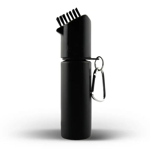 The Masters Water Bottle Club Cleaner by Masters is a black, cylindrical cleaner with a small brush on top and a silver carabiner attached to the side, shown standing upright on a white background.