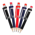 The Masters Wood Pencil and Eraser Pack includes five mechanical pencils with red erasers and clips, in black, dark blue, and red, each bearing a white Masters logo—perfect for golf scorekeeping and inspired by the classic look.
