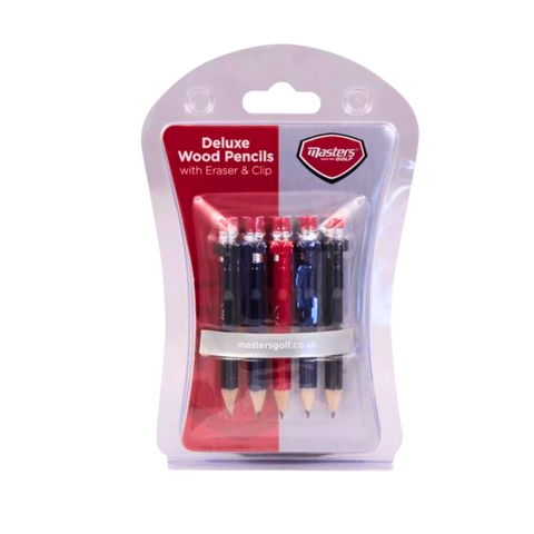 The Masters Wood Pencil and Eraser Pack by Masters includes six deluxe black and red pencils, each with an eraser and clip—ideal for golf scorekeeping.