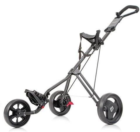 The Masters Series Three Trundler by Masters is a black, three-wheeled folding golf cart with an adjustable handle, golf bag holder, sturdy wheels, and a lightweight foldable frame for easy transport.