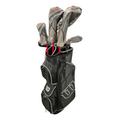 Mens Wilson D300 Golf Club Package set in a black golf bag with large white Wilson logo, featuring clubs with grey headcovers, front-side view.