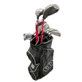 Mens Wilson D300 Golf Club Package set in a black golf bag with large white Wilson logo, featuring clubs with red shafts, top-front view.