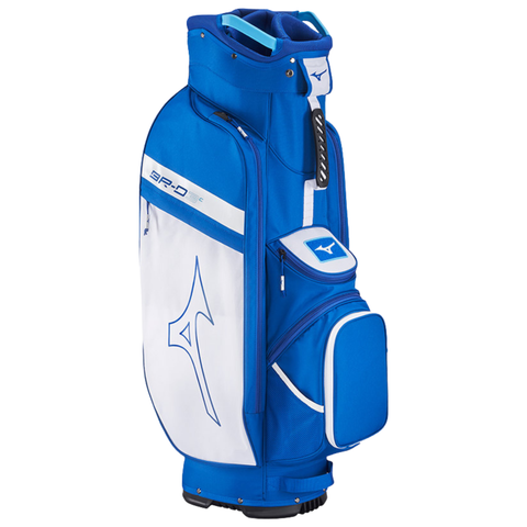 The Mizuno 2024 BR-D3 Cart Bag, in blue and white, features multiple zippered compartments, a large side pocket, top handle, 14-way top for easy club organization, and displays Mizuno branding.