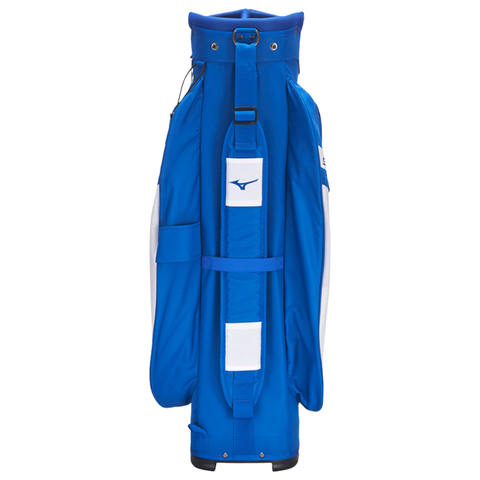 A Mizuno 2024 BR-D3 Cart Bag in blue and white stands upright, featuring a shoulder strap, side pockets, a central logo, and a sleek, lightweight design. The Mizuno bag is photographed on a white background.