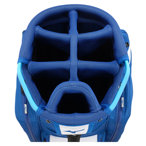 Top view of the Mizuno 2024 BR-D3 Cart Bag's blue divider system with five padded sections helps organize and protect your clubs in this lightweight Mizuno golf cart bag.