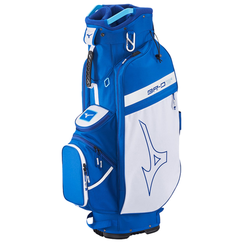 The Mizuno 2024 BR-D3 Cart Bag in blue and white features a 14-way top, multiple zippered pockets, a sturdy top handle, and the Mizuno logo on the side—a lightweight choice for your next round.