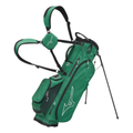 A lightweight Mizuno 2024 BR-D3 Stand Bag in green and black with dual shoulder straps, extended stand legs, multiple zippered pockets, and a white Mizuno logo on the side.