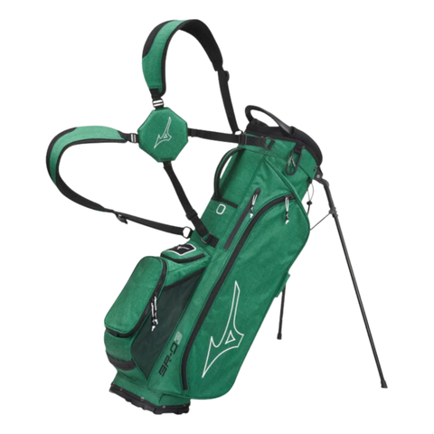 A lightweight Mizuno 2024 BR-D3 Stand Bag in green and black with dual shoulder straps, extended stand legs, multiple zippered pockets, and a white Mizuno logo on the side.