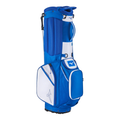 The Mizuno 2024 BR-D3 Stand Bag in blue and white stands upright with multiple zippered pockets, a top handle, and the Mizuno logo. Its lightweight design makes it ideal for organizing golf clubs on the go.