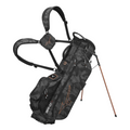 The Mizuno 2024 BR-D3 Stand Bag features a black and gray camo design, orange accents, dual shoulder straps, multiple zippered pockets, and two extendable legs—offering lightweight style and function for the golf course.