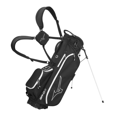 The Mizuno 2024 BR-D3 Stand Bag is a lightweight black and white golf bag with multiple zippered compartments, shoulder straps, and two extended legs—ideal for golfers seeking convenience and style.