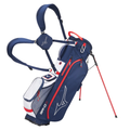 The Mizuno 2024 BR-D3 Stand Bag in blue, red, and white features dual shoulder straps, multiple zipped compartments, two extended legs for upright standing, and displays the Mizuno logo and branding.