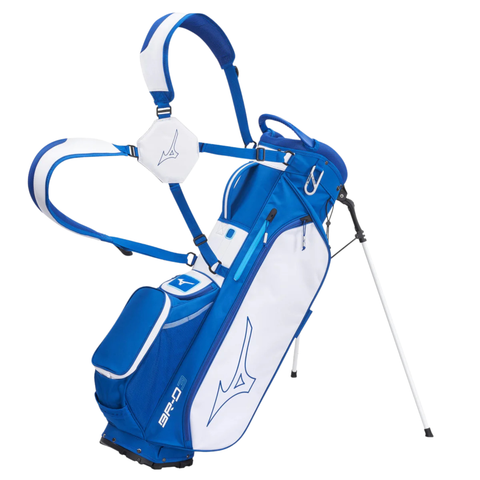 The Mizuno 2024 BR-D3 Stand Bag in blue and white features dual shoulder straps, multiple zippered pockets, an extended stand for easy use, and a lightweight design—ideal for convenience on the golf course.