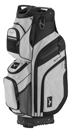 The Mizuno 2024 BR-D4 Cart Bag in Heathered Grey features multiple zippered pockets, mesh sections, a sturdy base, and a convenient 14-way divider, shown standing upright on a white background.