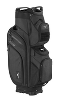 A Mizuno 2024 BR-D4 Cart Bag in Heathered Charcoal stands upright on a white background, displaying multiple zippered pockets, the Mizuno logo, and a convenient 14-way divider for organized club storage.