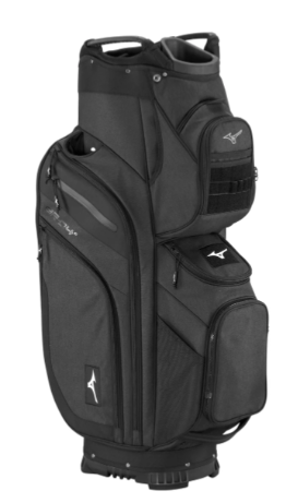 A Mizuno 2024 BR-D4 Cart Bag in Heathered Charcoal stands upright on a white background, displaying multiple zippered pockets, the Mizuno logo, and a convenient 14-way divider for organized club storage.