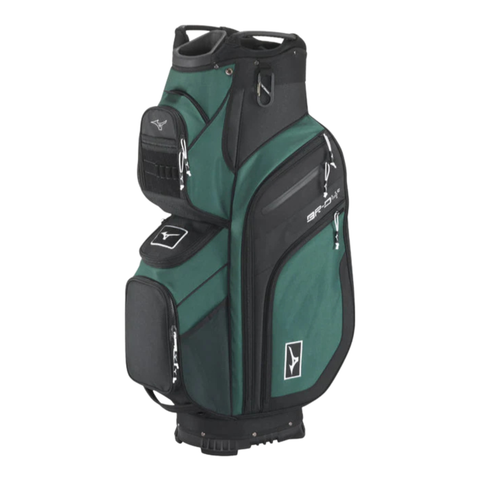 The Mizuno 2024 BR-D4 Cart Bag is green and black with white branding, multiple zippered compartments and pockets, a 14-way top for club organization, and a sturdy base for stability.