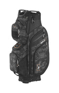 The Mizuno 2024 BR-D4 Cart Bag in Black Camo/Copper features multiple zippered pockets, carrying handles, a 14-way divider, and displays the Mizuno logo on several compartments.
