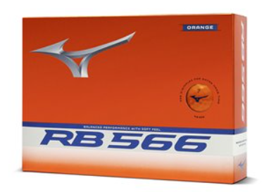The Mizuno 2024 RB 566 Golf Balls | Orange box displays a silver Mizuno logo, bold blue RB 566 text, and an orange ball image—ideal for golfers seeking high launch performance.