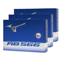 Three Mizuno 2024 RB 566 Golf Balls | White boxes are stacked, highlighting the Mizuno logo and name—crafted for a soft feel and longer flight on each shot.
