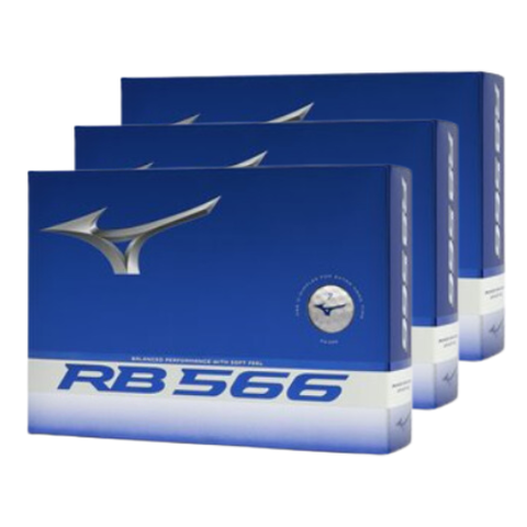 Three Mizuno 2024 RB 566 Golf Balls | White boxes are stacked, highlighting the Mizuno logo and name—crafted for a soft feel and longer flight on each shot.